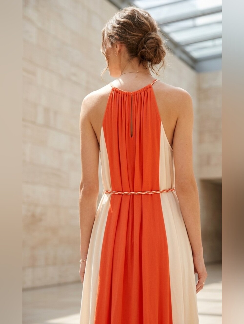 Ella Moss Orange and Cream Halter Maxi Dress Size:S - Picture 3 of 16
